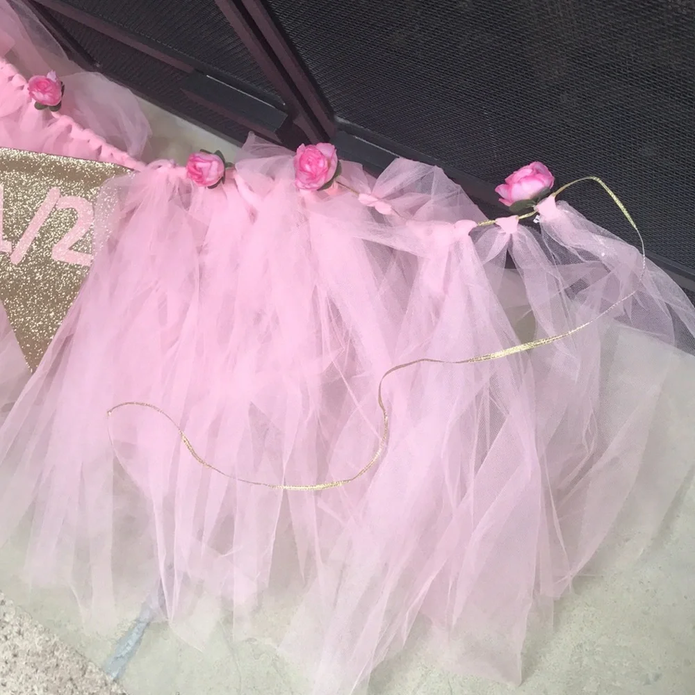 1/2 Year Birthday Girl Pink Floral Tulle High Chair Banner Decoration – Handmade